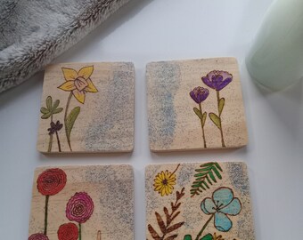 Wooden floral coasters, woodburned & painted by hand (set of 4)
