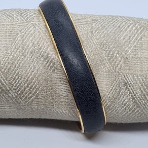Vintage Loewe Gilded Black Leather Insert Cuff Bangle Spain signed 6cm