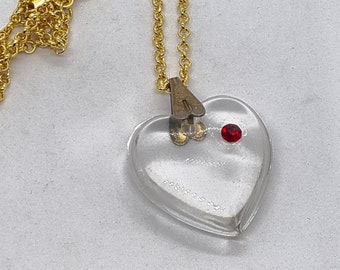 Vintage Puffy Clear Glass Heart Red Rhinestone Pendant with 18K GF Chain 55cm