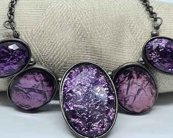 Vintage Iridescent Purple Cut Glass Bib Choker Necklace 42+8cm