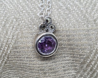 Vintage Petite Sterling Silver Purple Amethyst Marcasite Pendant Chain 50cm