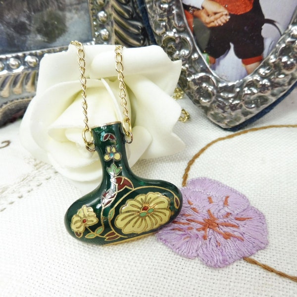 Enamel Porcelain Floral Hibiscus Urn Amphora Pendant Chain 60cm