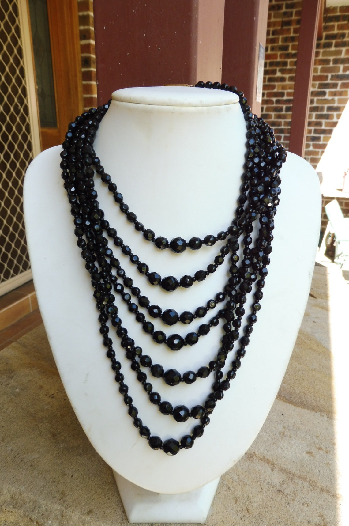 MultiStrand Black Glass Bead Necklace 42cm Vintage Etsy