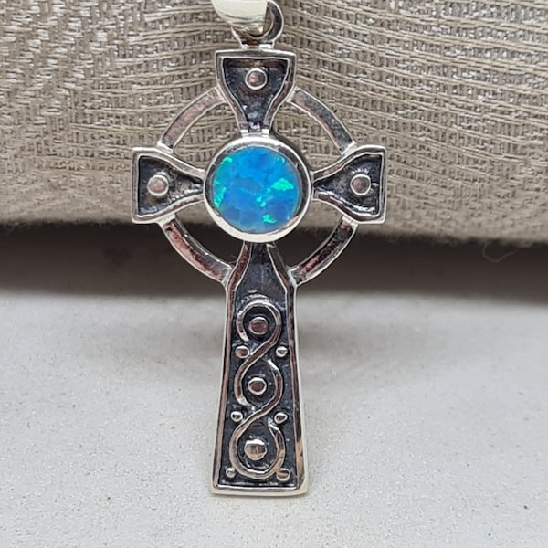 New 925 Sterling Silver Blue Opal Infinity Knot Celtic Cross Pendant Chain 45 cm