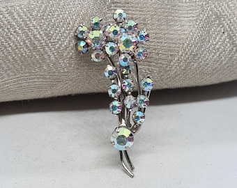 Broche feuille fleur strass rose fuchsia et vert vintage ton