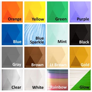 K&ouml;nnte beinhalten: Eine Tabelle mit 16 verschiedenen Farben von Filament f&uuml;r den 3D-Druck. Die Farben umfassen Rot, Orange, Gelb, Gr&uuml;n, Lila, Rosa, Blau, Blauer Glitzer, Mint, Schwarz, Silber, Grau, Braun, Hellbraun, Gold, Marmor, Klar, Wei&szlig;, Regenbogen, Leuchten und UV-Sonnenlicht-wechselnd.