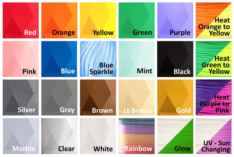 K&ouml;nnte beinhalten: Eine Tabelle mit 16 verschiedenen Farben von Filament f&uuml;r den 3D-Druck. Die Farben umfassen Rot, Orange, Gelb, Gr&uuml;n, Lila, Rosa, Blau, Blauer Glitzer, Mint, Schwarz, Silber, Grau, Braun, Hellbraun, Gold, Marmor, Klar, Wei&szlig;, Regenbogen, Leuchten und UV-Sonnenlicht-wechselnd.