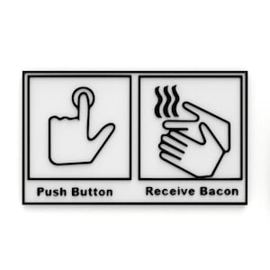 May include: Black and white illustration of a hand pushing a button labeled "Push Button" and a hand receiving something labeled "Receive Bacon".