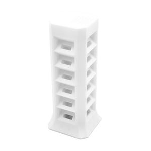 May include: A white, geometric, tower-shaped object with a square base and top. The tower has a series of rectangular cutouts along its sides, creating a lattice-like pattern. The design is modern and minimalist.