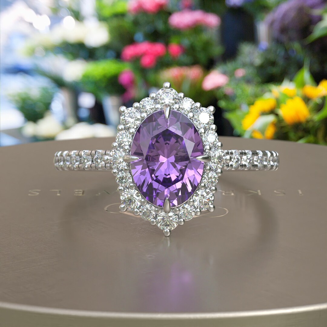 Halo Oval Amethyst Engagement Ring Amethyst Wedding Ring Etsy