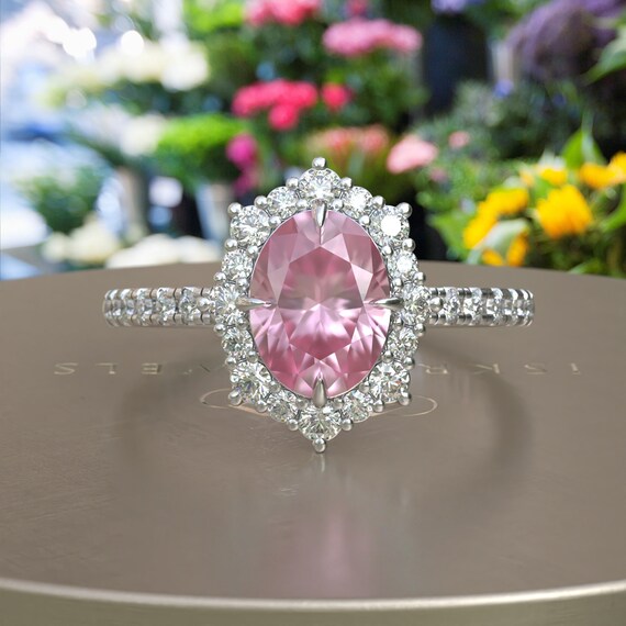 Halo Oval Rose Quartz Engagement Ring Rose Quartz Wedding Etsy