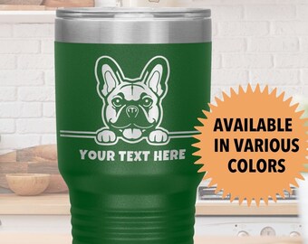 HUND FRENCHIE Mama, Papa Geschenk Becher l personalisierte Hundeliebhaber Tasse l Benutzerdefinierte Haustier Hund Name, Hund Gesicht Tasse Edelstahl isoliert Reisebecher