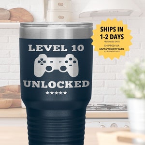 10th Birthday Gift for Boys l Ten Year Old Bday Present l Level Ten Unlocked l Gift for Son, Grandson l Insulated, Laser Engraved Tumbler