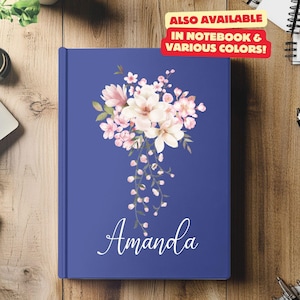 Diario de cuero con nombre personalizado en flor de cerezo, cuaderno de tapa dura para dama de honor, diario de oración para mujer, regalo de New Chapter, cartas de recuerdo para la novia.