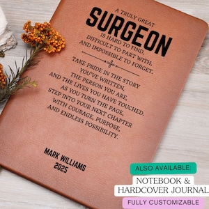 May include: A brown leather journal with the text "A Truly Great Surgeon" and inspirational quotes. The journal is personalized with the name "Mark Williams" and the year "2025". Also available as a notebook and hardcover journal.