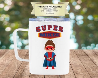 Superheld campingmok voor jongens l Gepersonaliseerde geïsoleerde reismok met deksel l Voor kerst, verjaardagscadeau l Aangepaste witte kinderbeker