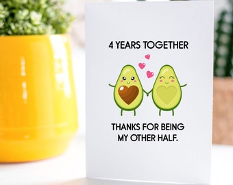 Funny Avocado Greeting Card l 4th Year Anniversary l Four, Fourth Year Gift l Thanks for Being My Other Half Love Card l A7, Matte Card
