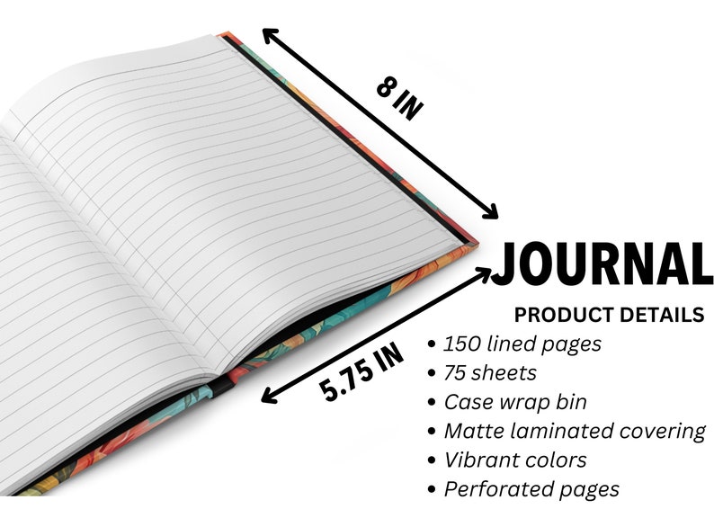 K&ouml;nnte beinhalten: Offenes Journal mit linierten Seiten, misst 20,3 cm x 14,6 cm. Das Cover hat leuchtende Farben und ein matt laminiertes Finish. Das Journal hat 150 linierte Seiten, 75 Blatt und perforierte Seiten.
