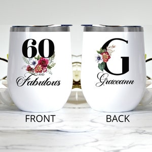 Personalized 60th Birthday Gift Tumbler for Women l For Mom, Mother, Grandma, Wife, Sister, Friend l Floral Monogram Custom Name Travel Cup