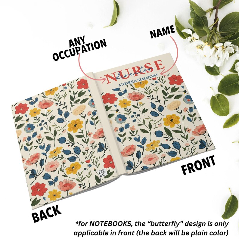 K&ouml;nnte beinhalten: Offenes Notizbuch mit floralem Design. Die Vorderseite tr&auml;gt die Aufschrift "NURSE" &uuml;ber dem Namen "ANDREA SIMMONS". Die R&uuml;ckseite und die Vorderseite haben einen cremefarbenen Hintergrund mit roten, gelben und blauen Blumen. Der Text auf dem Bild lautet "ANY OCCUPATION" und "NAME".