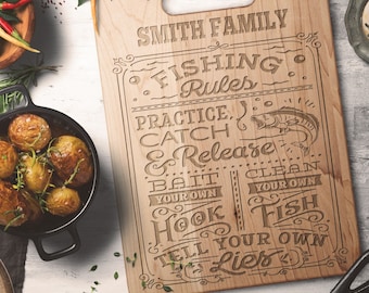 Personalized Fishing Gifts l Fisherman Gifts l Fishing Decor l Gift for Dad, Husband l Housewarming Gift l Fishing Rules Wood Cutting Board