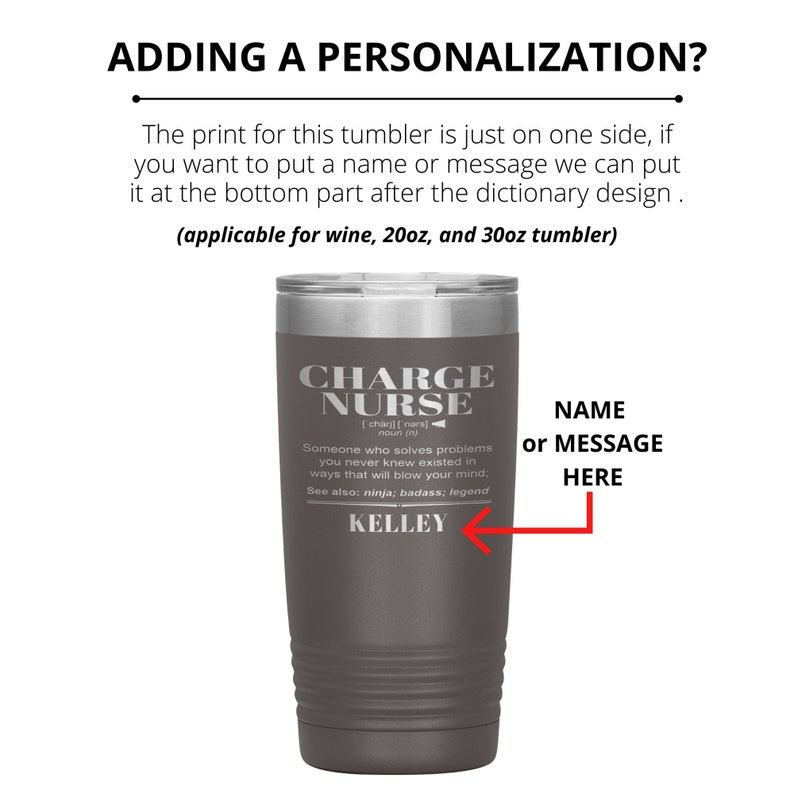 May include: A gray stainless steel tumbler with a white inscription that reads "CHARGE NURSE [char] [nars] noun (n) Someone who solves problems you never knew existed in ways that will blow your mind. See also: ninja; badass; legend KELLEY". The tumbler has a silver lid and a black background. The text "NAME or MESSAGE HERE" is written in red on the right side of the image.
