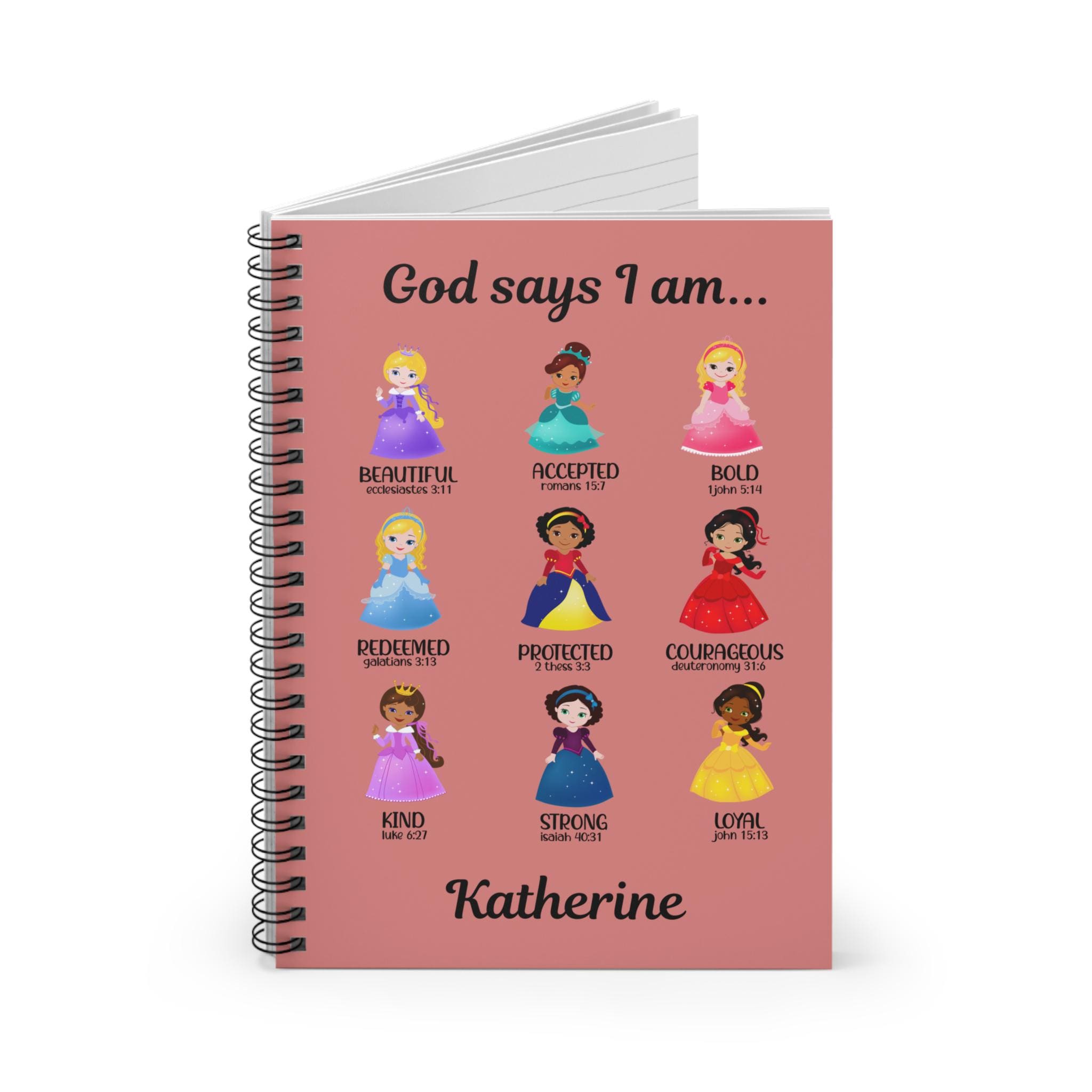 personalized journal for young girls, writing journal for daughter, cartoon princess prayer notebook, god says i am Christian custom journal