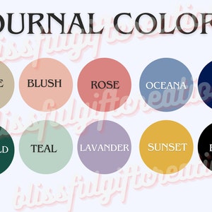 Op de afbeelding: Een kaart met 10 verschillende kleuren met de namen van elke kleur geschreven onder het kleurstaal. De kleuren zijn: beige, blush, roze, oceaan, marine, smaragd, teal, lavendel, zonsondergang en zwart.