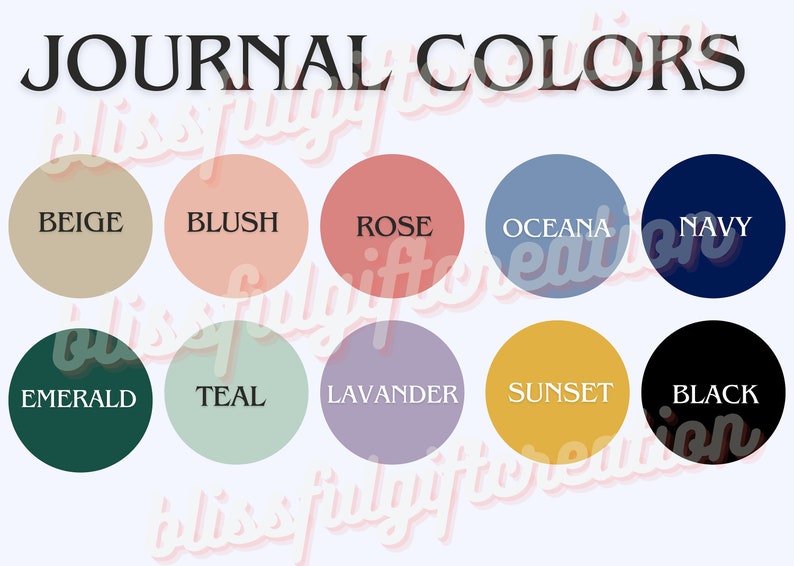 Op de afbeelding: Een kaart met 10 verschillende kleuren met de namen van elke kleur geschreven onder het kleurstaal. De kleuren zijn: beige, blush, roze, oceaan, marine, smaragd, teal, lavendel, zonsondergang en zwart.