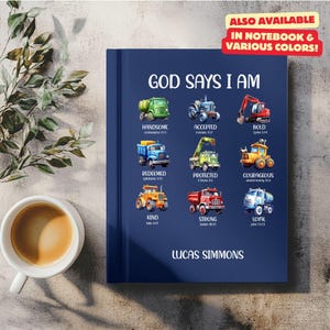 Diario personalizado "Dios dice que soy un niño", cuaderno de camión monstruo, diario "Querido hijo", diario cristiano basado en la fe, diario con nombre personalizado, escritura