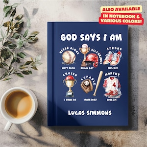Diario personalizado con oración de niño de béisbol, cuaderno "Querido hijo" para adolescentes, Dios dice "Soy", regalos basados en la fe para la escuela secundaria, diario con nombre personalizado, escritura