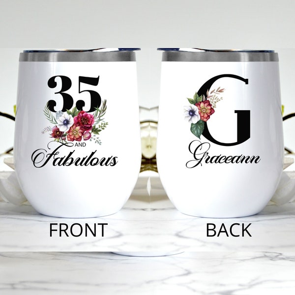 Cadeau personnalisé de 35e anniversaire Tumbler pour femmes l Pour sœur, fille, nièce, meilleur ami l Monogramme floral Custom Name Travel Cup