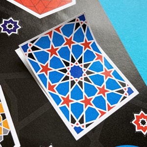 Può includere: Un adesivo con un motivo geometrico blu e rosso. Il motivo è composto da stelle e altre forme. L'adesivo è su uno sfondo nero.