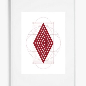 May include: A red geometric diamond shape with a layered pattern inside, surrounded by a series of concentric circles and lines.