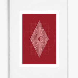 May include: A geometric design in the shape of a diamond with a white outline on a red background.