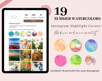 19 Summer Watercolors Instagram Highlight Covers | Aesthetic Summertime Highlights | IG Story Icons | Watercolor Icons