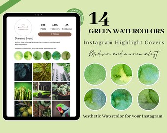 14 Green Watercolors Instagram Highlight Covers | Green Shades | IG Story Icons | Watercolor Icons