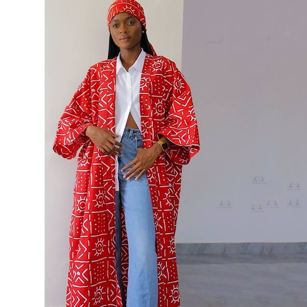 Long red kimono robe - Oversized Kimono with matching scarf - Overcoat -