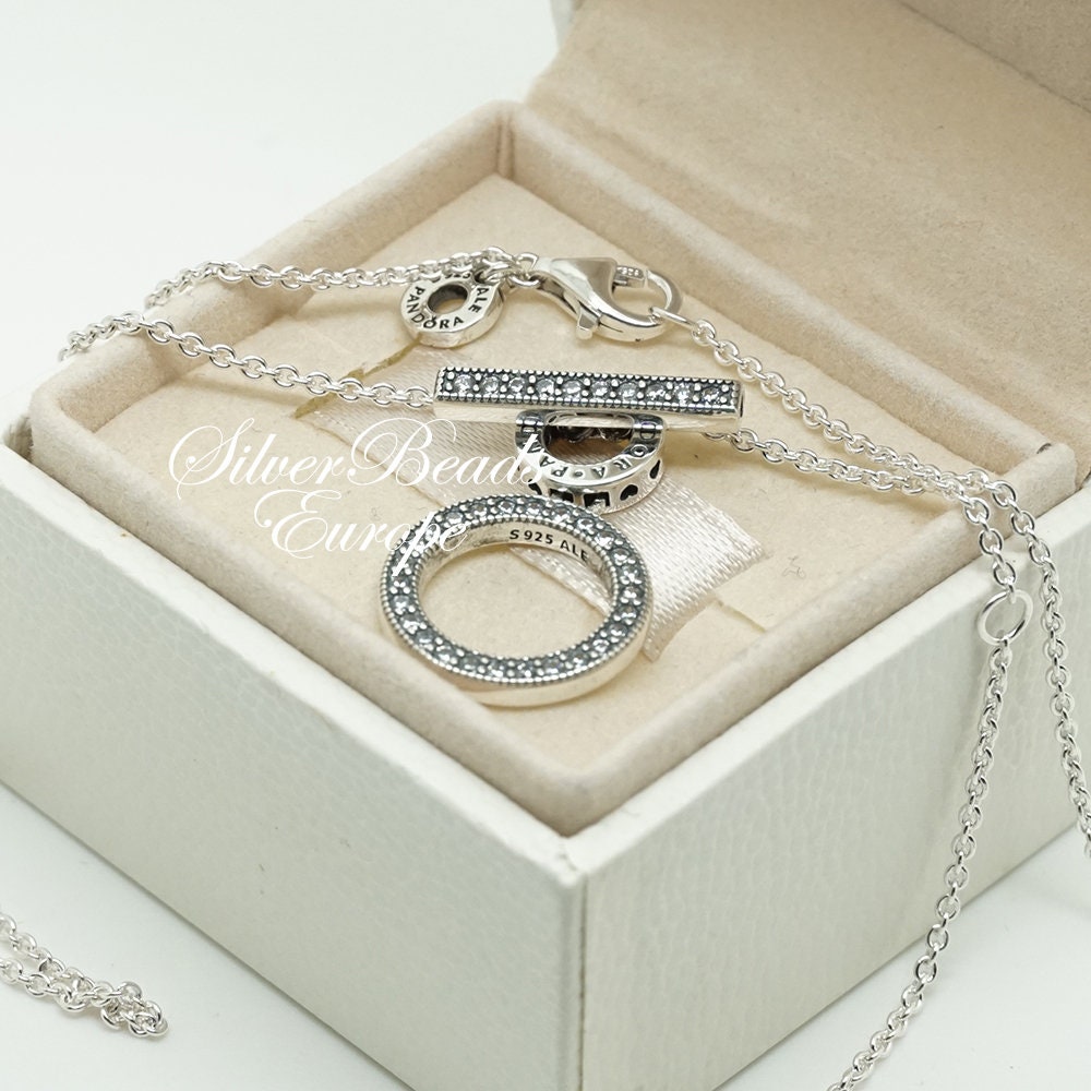 Pandora Double Hoop T bar Necklace Clear CZ 399039C01 45 Cm