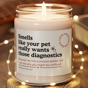 May include: A lit candle in a glass jar with a label that reads "Smells like your pet really wants those diagnostics." The candle is on a wooden coaster and surrounded by string lights. The label also says "100% natural soy wax blend."