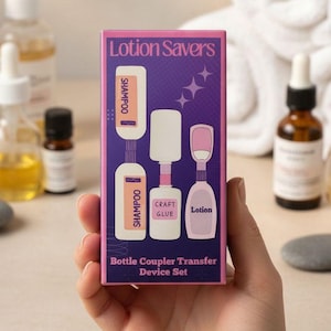 May include: A rectangular product box for Lotion Savers Bottle Coupler Transfer Device Set. The box is purple with pink text and graphics showing how to connect bottles of shampoo, craft glue, and lotion using the included transfer couplers.
