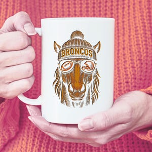 Personalized Broncos Football Mug Custom Text Orange and Blue Bronco Coffee Mug Denver Gift