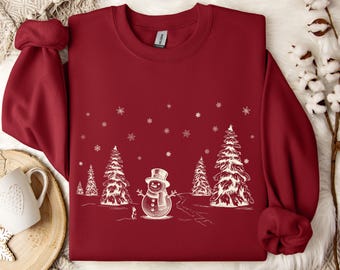 Snowman Vintage Winter Scene Sweatshirt Holiday Folklore Cozy Christmas Pullover Woodland Snowman Sweater Winter Wonderland Sweatshirt