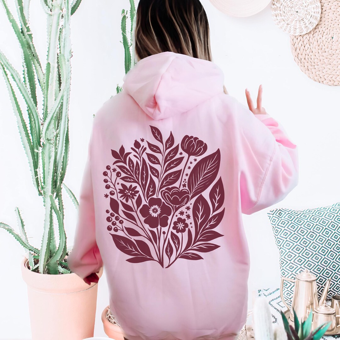 Wildflower Hoodie Monochrome Linocut Sweatshirt Womensclothing ...