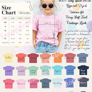 May include: A young girl wearing a pink Youth T-shirt. The image includes a size chart with chest and length measurements in inches, and a color palette with various shirt colors like butter, crimson, and navy.