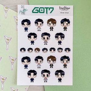 May include: A sticker sheet featuring cartoon illustrations of seven members of the K-pop group GOT7. The sticker sheet is white with black text that reads "GOT7" and "Van Chique creations Sticker Sheet".