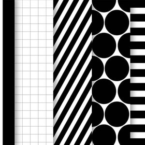 May include: Five different black and white patterns. The patterns include vertical stripes, a grid, diagonal stripes, polka dots, and horizontal stripes.