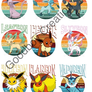 May include: Nine different Pokemon characters are shown in a circular design with a retro sunset background. Each character is surrounded by a circle with the Pokemon logo and the character's name and number. The characters are Espeon, Glaceon, Umbreon, Leafeon, Eevee, Sylveon, Jolteon, Flareon, and Vaporeon.