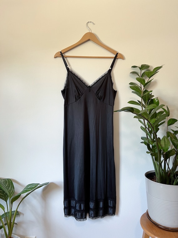 Vintage Black Nylon Slip Dress with Lace Detailing