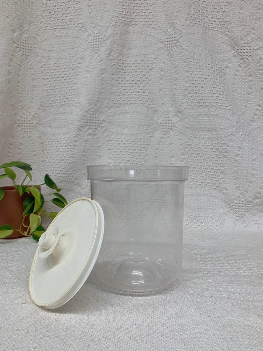 Vintage 1970's Clear Plastic Storage Container With White Lid Vintage